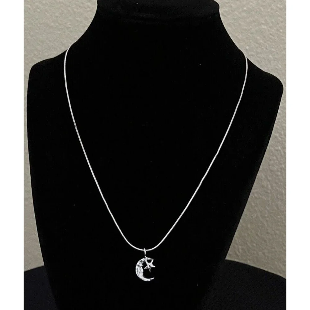 925 Sterling Silver Man in the Moon Pendant & Star Diamond Cut Necklace 9